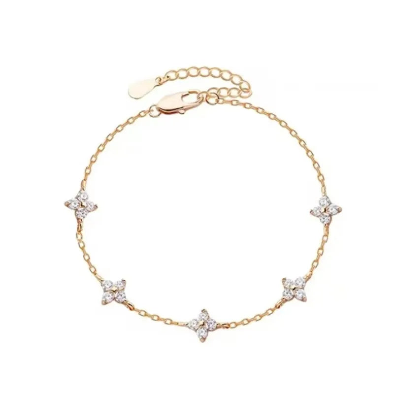 Zirkon fyrbladigt blomsterarmband för kvinnor guld rostfritt stål